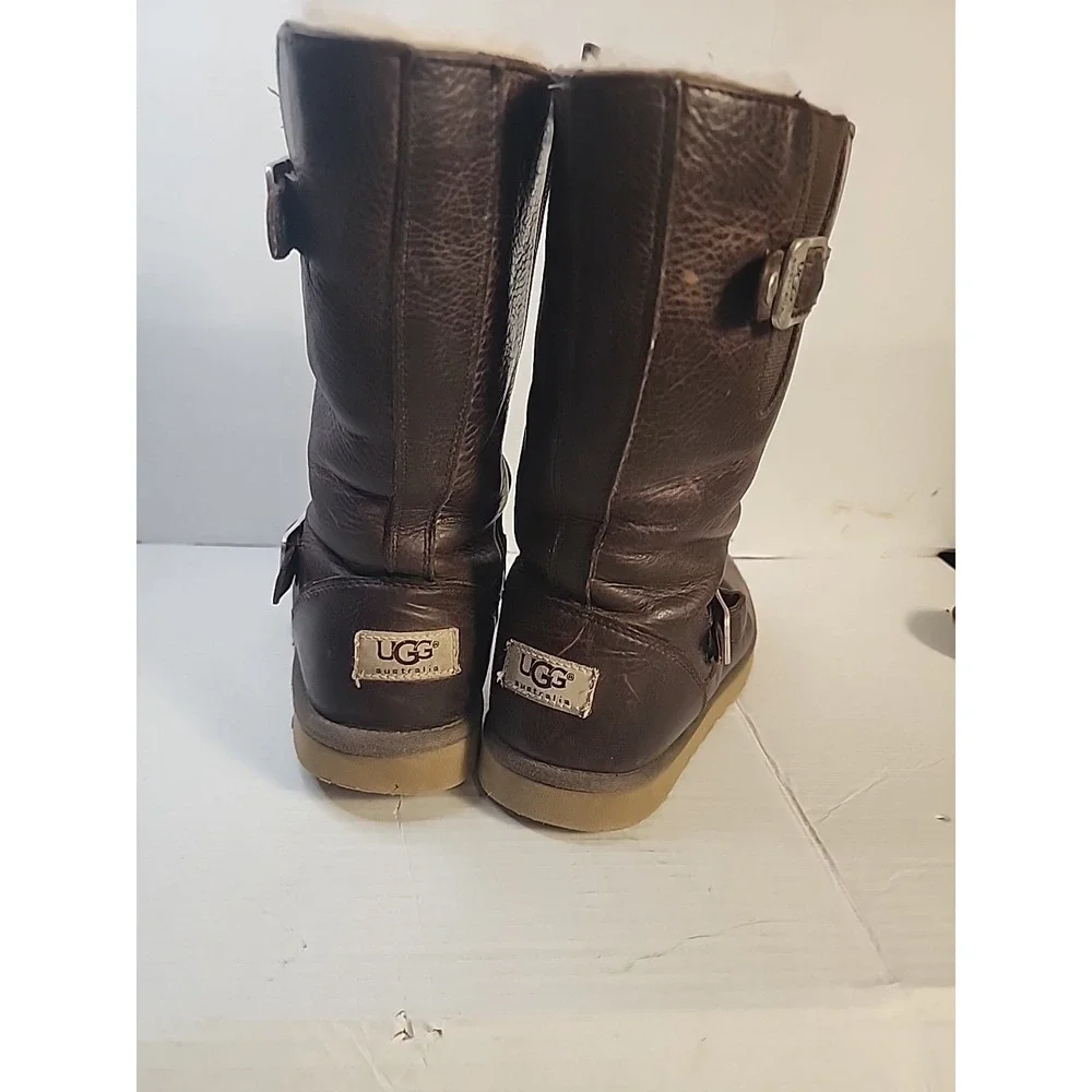 Ugg Kensington Size 4 Brown Distressed Leather‎ 1969 Sheepskin Youth Boot Zipper